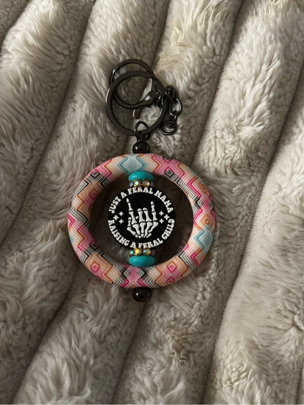 Just a Feral Mama Keychain with Pink Multi-Color Ring